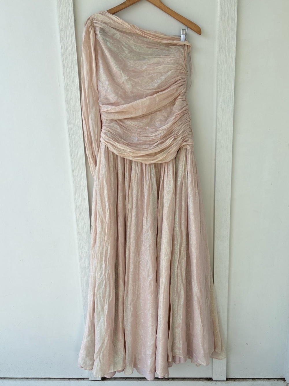 BHLDN Jade Metallic One-Shoulder Asymmetrical-Waist Gown Size 10 - Picture 8 of 12